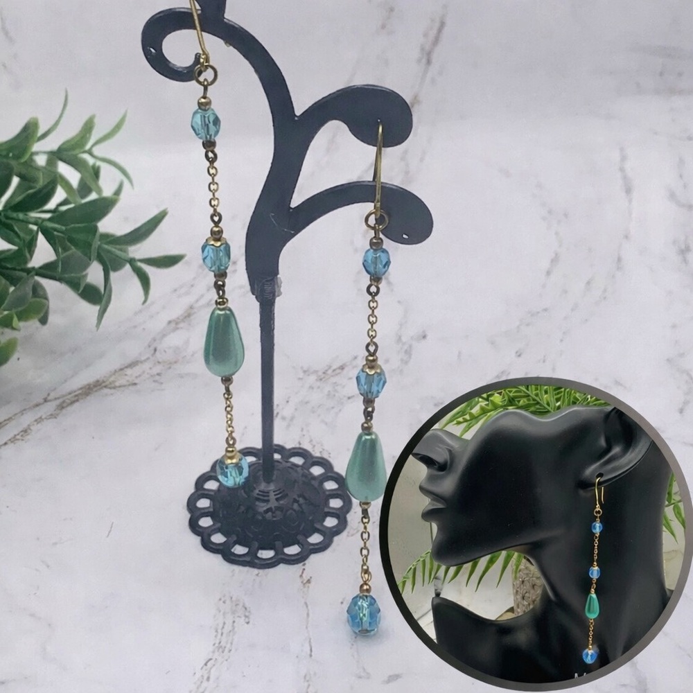 Dangle Earrings -  Turquoise Crystal Faux Pearl Gold Tone Chain